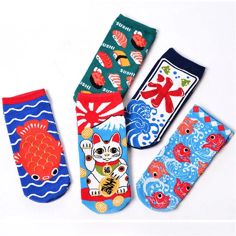 Women-s-Cartoon-Socks-Creative-Printing-Cat-Fish-Sushi-Pattern-Art-Funny-Socks-Calcetines-Japan-Fashion