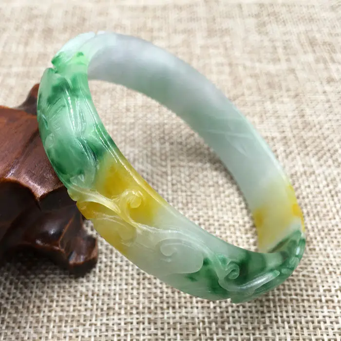 

A-176 Beautiful Hand-carved Emerald Green Jadeite Jade Gems Bracelet Bangle 60mm