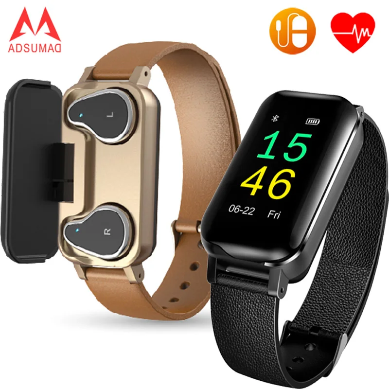 

2019 New TWS earbuds bracelet Smart Dual Earphones band T89 Bluetooth 5.0 HR Heart rate Ture wireless Fitness tracker Watch