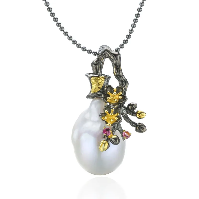

925 sterling silver pearl Cherry blossoms pendant gold vintage palace 23mm baroque pearl pendant for women flower jewelry charms