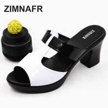 2016 neue echtes leder starke ferse weiblichen hochhackigen pantoffeln frauen plattform freizeitschuhe hausschuhe plus größe