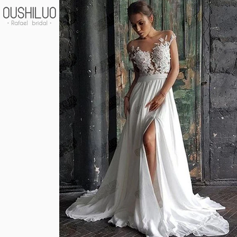 Flowing Chiffon Beach Wedding Dress 2019 New Lace Appliques Sheer