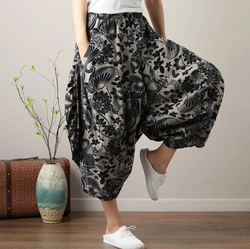 #0621 Summer Vintage Wide Leg Pants Women Printed Big Size Elastic Waist Retro Cross Pants Female Loose Cotton Linen Trousers #0621 Summer Vintage Wide Leg Pants Women Printed Big Size Elastic Waist Retro Cross Pants Female Loose Cotton Linen Trousers