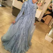 Sparkly Gorgeous Blue Evening Dresses Beaded Shiny Crystal Muslim High Neck Long Sleeves Prom Dress With hijab Vestido De Festa