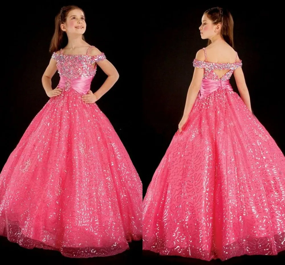 

Shining Watermelon Red Floor Length Off The Shoulder Rhinestones Sequins Satin Flower Girl's Pageant Dresses