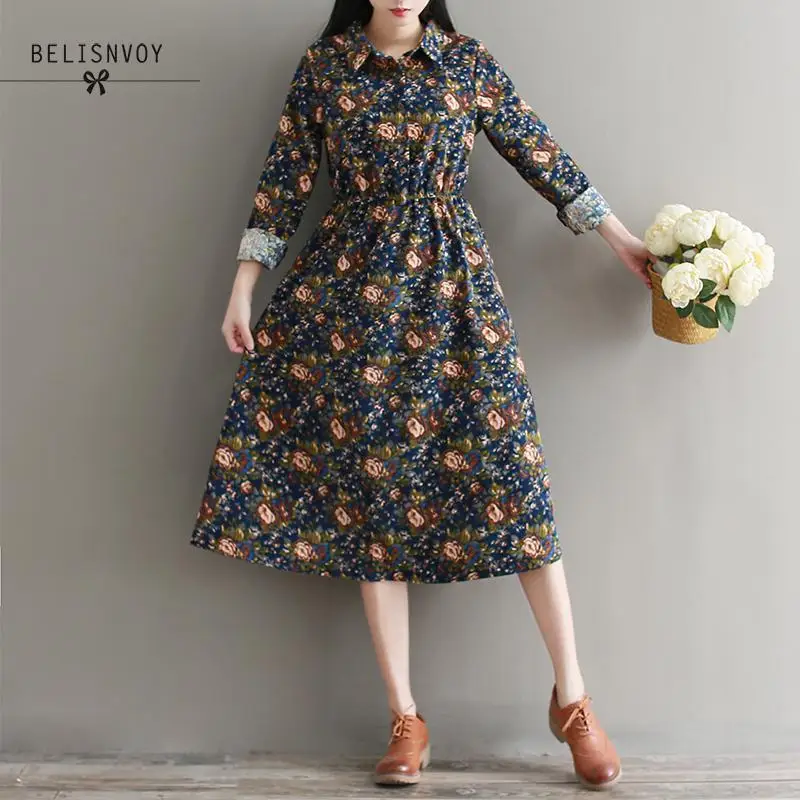 

Autumn Winter Women Dresses 2019 Turn-down Collar Fashion Vintage Vestidos Women Long Sleeve Floral Printed Corduroy Dress