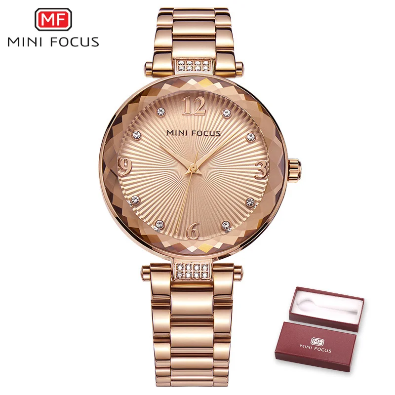MINIFOCUS новые часы женские повседневные модные часы с ремешком из кожи и нержавеющей стали Кварцевые наручные часы с бриллиантами золотые часы женские подарок - Цвет: Rose gold Steel
