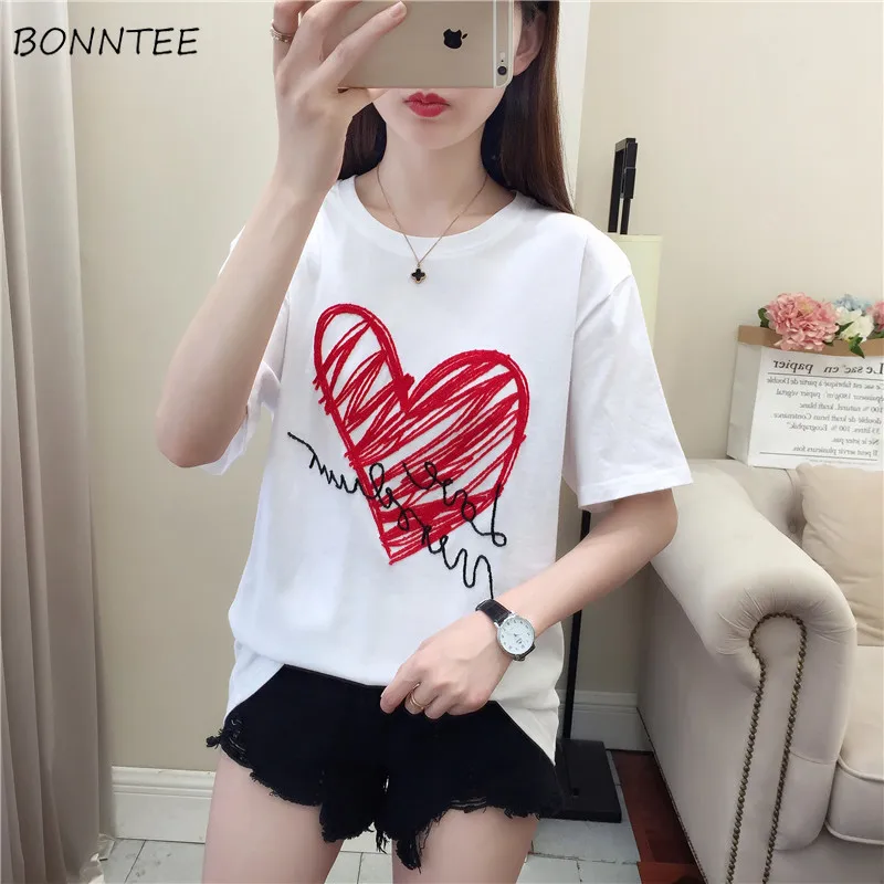 

T-shirts Women Loose Korean Style Printed Simple O-Neck Leisure Womens Clothing Elegant Daily All-match Students Summer New Chic