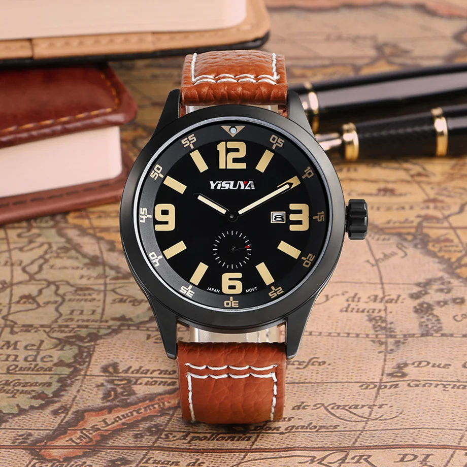 YISUYA Men's Sports Watch Luxury Date Genuine Leather Brown Wrist Watches Male Pilot Military Japan Quartz Watch Relojes  (16)