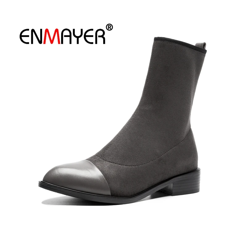 

ENMAYER Women Ankle Boots Big Size33-40 Causal Med Heels Wedges Fashion Round Toe Flock Shoes woman Patchwork Short Boots CR1584