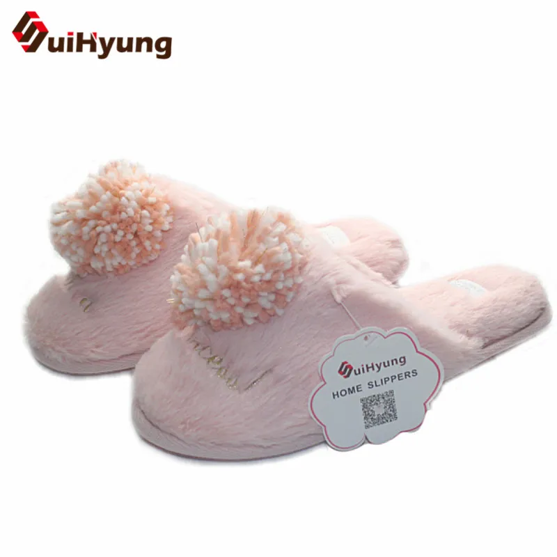 

Suihyung Women Winter Warm Home Slippers Indoor Shoes Soft Bottom Non-slip Female Bedroom Floor Shoes Slippers With Big Hairball