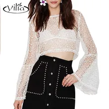 Yilia 2017 blusas de encaje sexy mujer elegante blanco largo flare manga ahueca hacia fuera las blusas camisas mujer blusas femininas