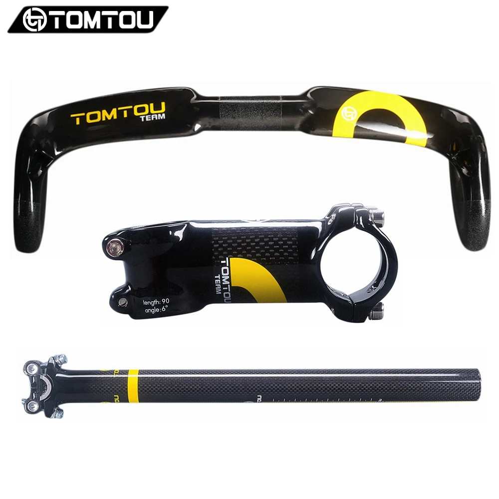 

TOMTOU Carbon Fiber Road Racing Bike Drop Handlebar Stem Seatpost Bicycle Handlebar Set Parts Yellow - TC6T01