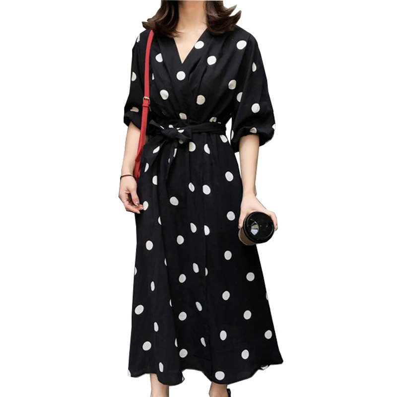 

Summer Dress Women Fashion New Big Dot Black Dresses Female V-neck Plus size Belt Slim Maxi Dresses Vestidos Hem split ends 2838