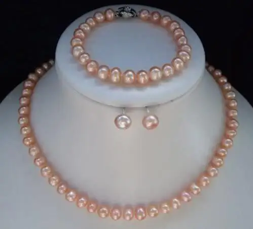 

Free Shipping Wholesale>>>new hot Natural Pearls 7-8mm Pink Akoya Pearl Necklace Bracelet Earring Jewelry Sets