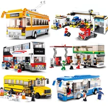 City Vehicles Friends School Bus Station Stop Car Truck Model Building Blocks kits Legoes Bricks Toys For Children custom bus stop shelters bus stop design bus station