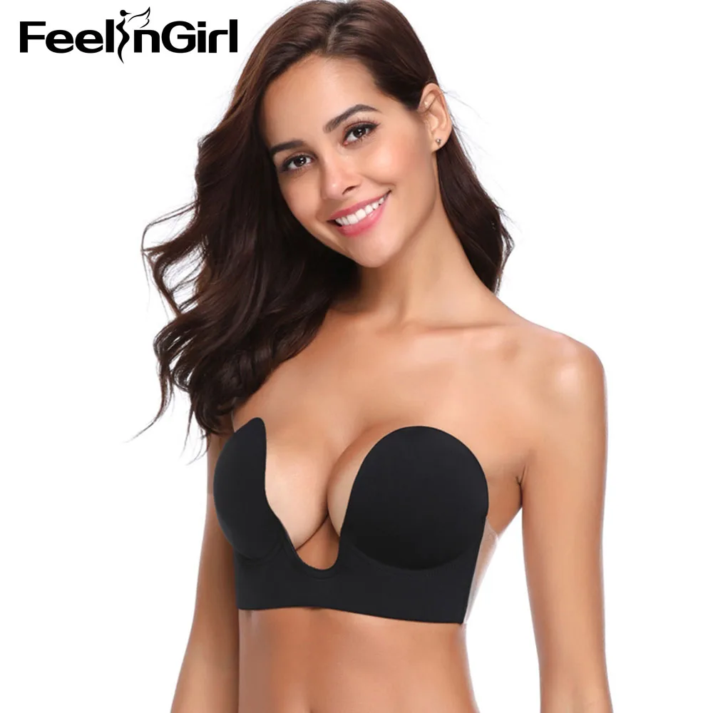 

FeelinGirl Push Up Fly Bra Women Invisible Bra Strapless Self Adhesive Solid Seamless Underwear Deep U Breathable Silicone-C