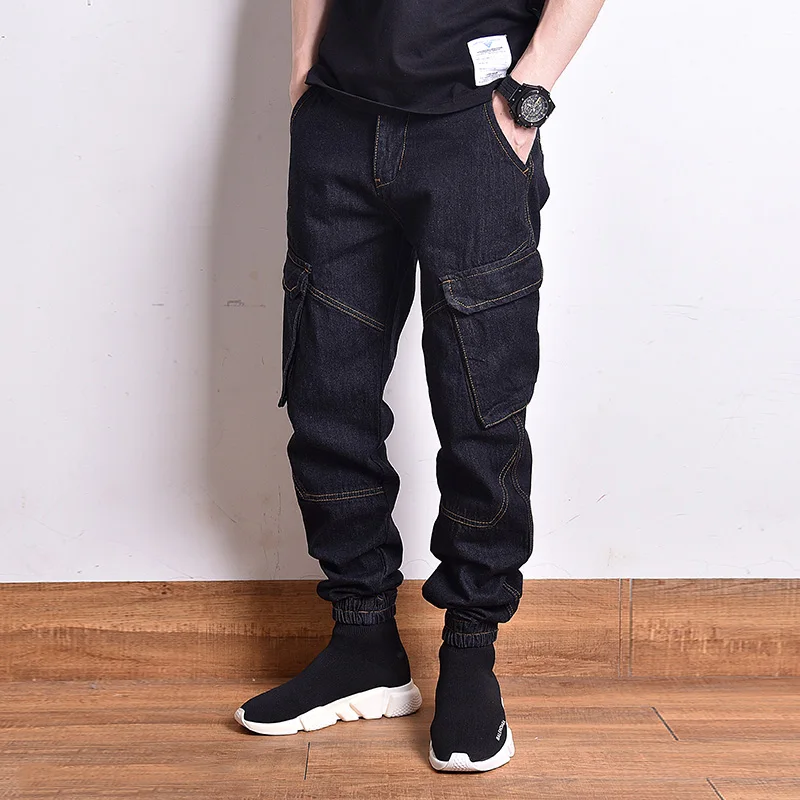 Японский Стиль модные мужские джинсы Винтаж черный свободная посадка большой карман штаны-карго из денима Брюки Homme уличной хип-хоп