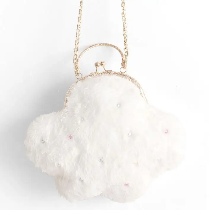 

Handmade Pearl White Lolita Style Hasp Lovely Cloud Faux Fur Kisslock Metal Frame Chain Messenger Shoulder Bags Handbags Totes