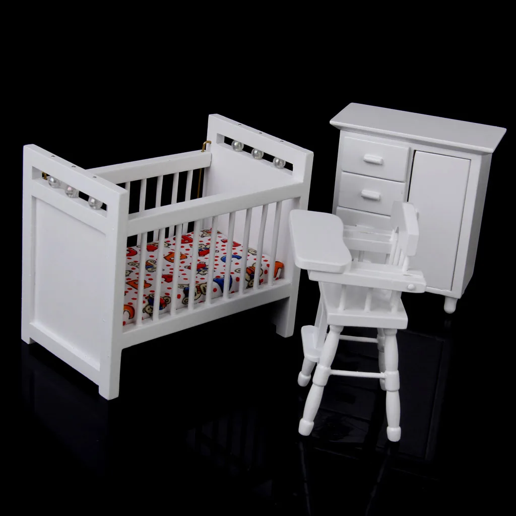 

1/12 scale Dollhouse Furniture Miniature Baby Nursery Room Bed Set Baby's Chair Cabinet