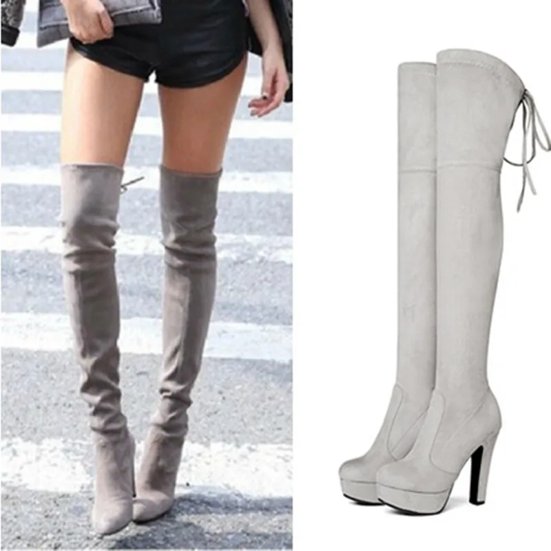 Женские ботфорты на платформе с круглым носком высоком каблуке|thigh high boots|knee bootsover