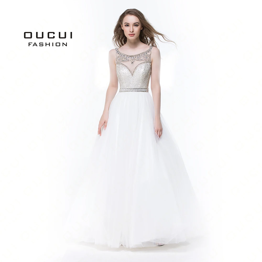 

Sleeveless White Prom Dresses 2019 Evening Ball Gown Wedding Party Tulle Illusion Beading Formal Vestido de noiva OL102830C