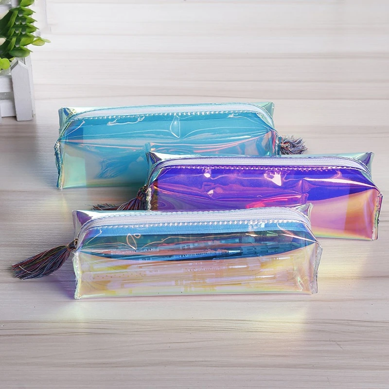 1pc Transparent Holographic Pencil Makeup Case Laser Travel Make Up Cosmetic Bag PU Leather 5 Colors Mayitr