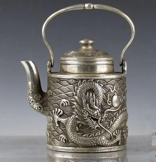 

China collection archaize white copper dragon pattern teapot craft statue