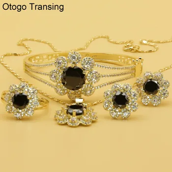 

Otogo Transing 2019 Party Gold Color Jewelry Set Charm Women Fashion Black Crystal Ring Earrings Necklace Bracelet Mark-SET208