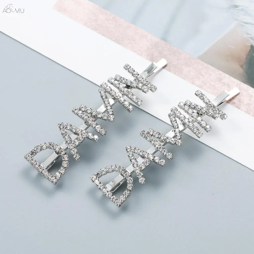 

AOMI 1Pair Bling Letter “DAMN" Hairpins Crystal Women Girls Hair Clips Rhinestone Silver Metal Barrette Female Hair Accessories