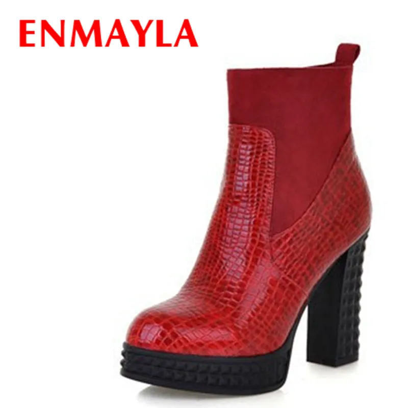 

ENMAYER New women high boots Sexy Round Toe Ankle boots Winter Shoes Zip Platform Martin boots Black Red Blue