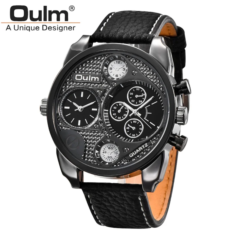 Oulm Unique Design Sports Watches Men Luxury Brand Two Time Zone Quartz Watch Large Big Dial Male Clock Military Wristwatch