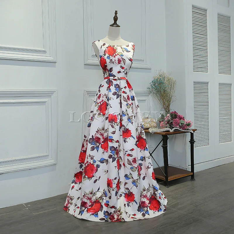 DEERVEADO M219 Floor-Length Long Prom Dress A-Line Flower Pattern Satin Formal Party Dresses Prom Gown Vestido De Festa black prom dress