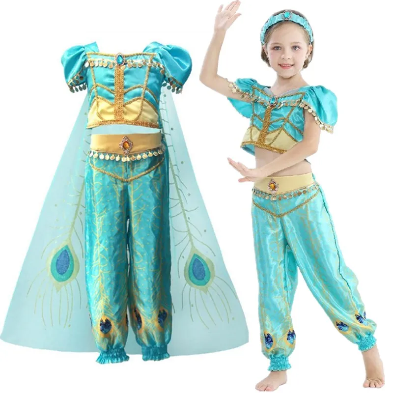 Индийская принцесса наряжаться в костюм для девочек Лето короткий рукав с плащ-Жасмин Косплей Платья Дети Хэллоуин Фэнтези