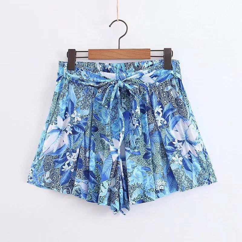 

Summer Floral Cotton Shorts Women High Waist Lace Up Bow Wide Leg Pleated Shorts Vacation Shorts XZ2046