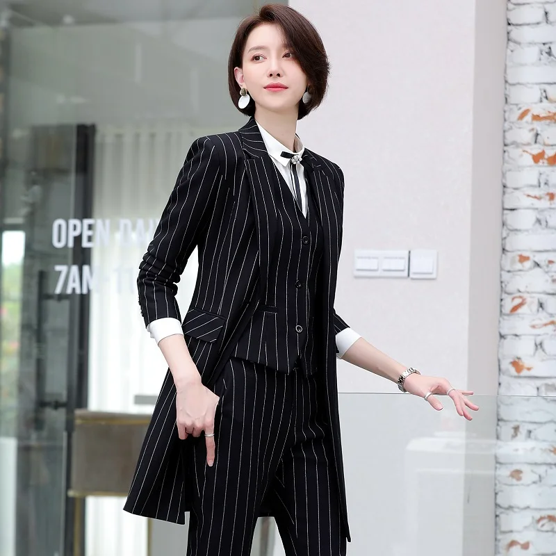 Women suits Slim spring stripe long jacket Pants 2-piece set OL Formal Business Women pants suits Woman set suits 1955