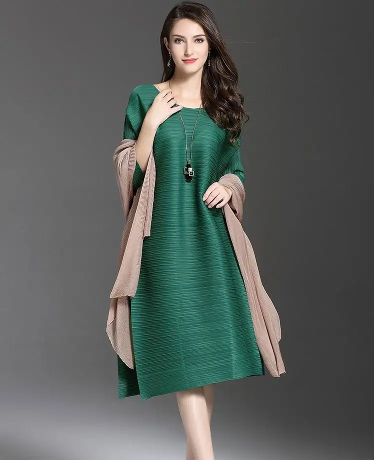 

Spring New Fold A -Line Women's Loose Large Size Dress Summer Pleated Solid Color Midi Dresses Female Ol Formal Dress