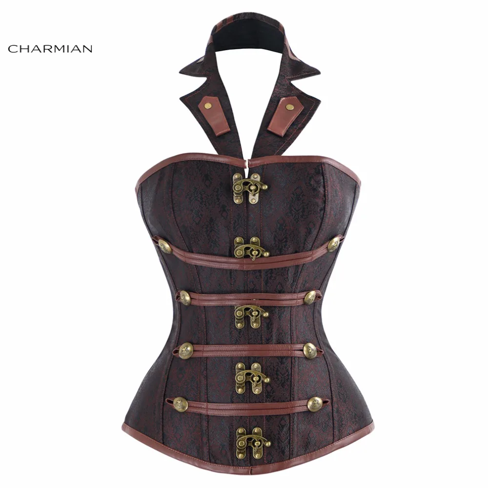 

Charmian Women's Gothic Steampunk Corset Top Spirsl Steel Boned Halter Retro Overbust Corsets and Bustiers Buckles Corselet
