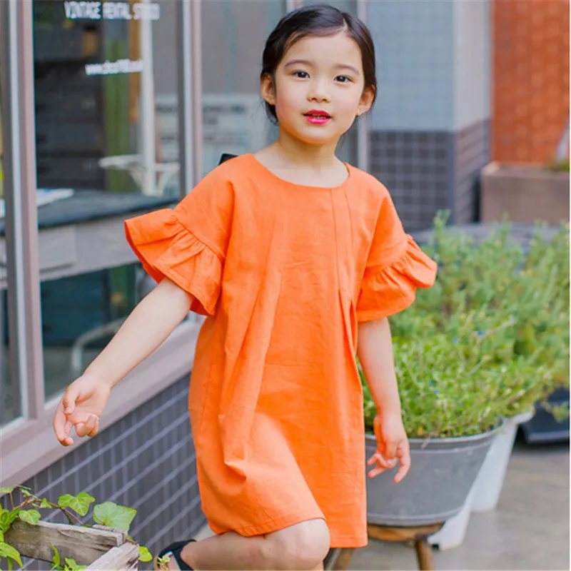 Girls Dresses Summer 2016 Hotsale Kids Girls Solid Orange Children