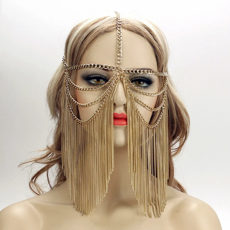 Маска для лица, украшения для тела, повязка на голову, Золотая Сексуальная Женская многослойная цепочка на голову с кисточкой, головной убор, ювелирное изделие