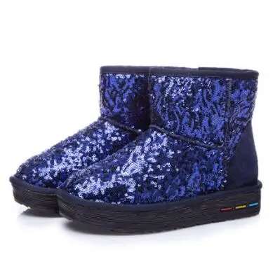 Известной марки, женские блестящие зимние сапоги новые дизайнерские ботильоны с декоративным украшением; обувь на меху; botas mujer натуральная кожа, на платформе, зимние ботинки - Цвет: blue short