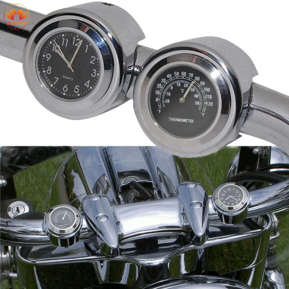 

Black 7/8'' 1'' Motocycle Chrome Handlebar Temp Thermometer Themometer & Dials Clock Combo For Harley Chrome Waterproof Luminous