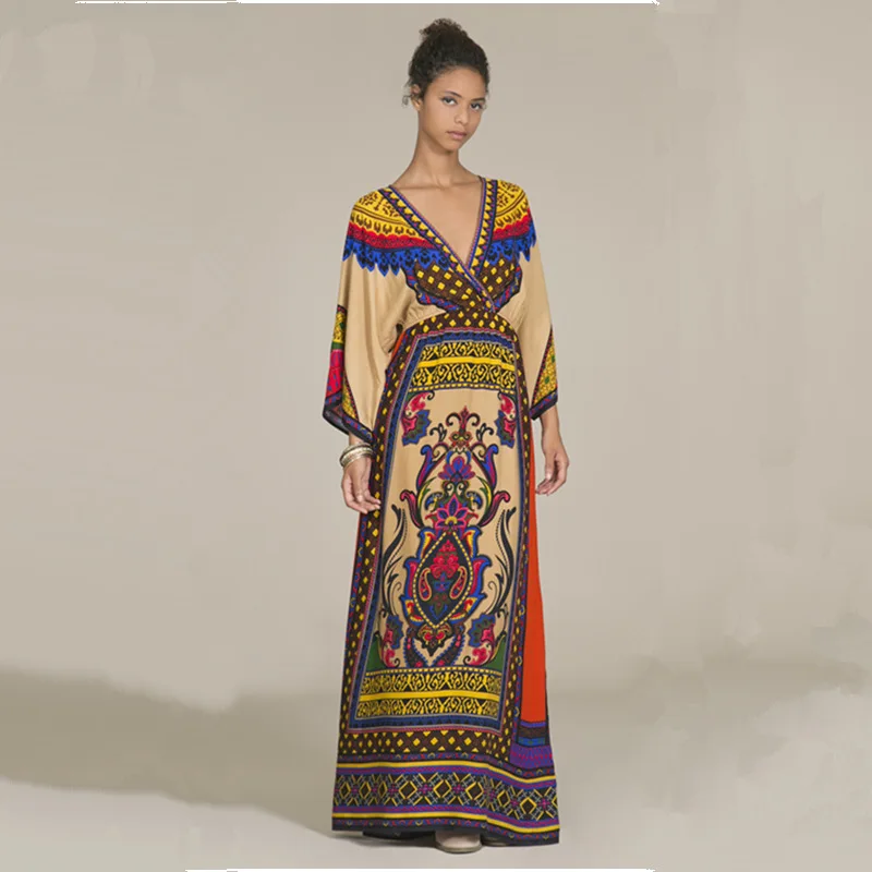 

V-neck 9 high waist long sleeve length one-piece dress bohemia national trend - 05 beach dress