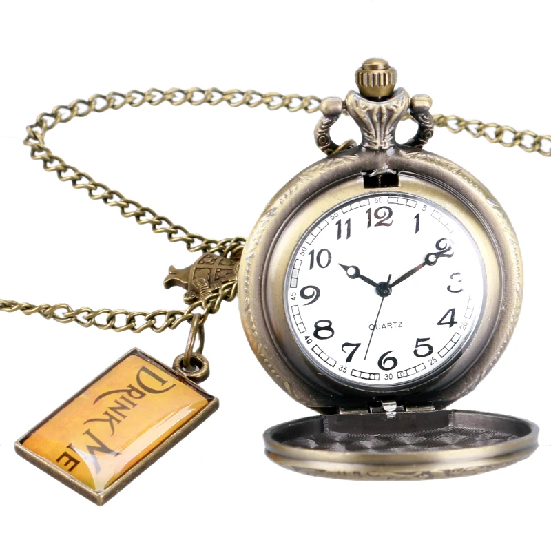 Antique Style Quartz Pocket Watch Alice in Wonderland Drink Me Tag Cute Vintage Rabbit Retro For 2