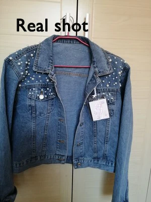 Джинсовая куртка-бомбер, осень размера плюс, украшенная жемчужинами, короткие джинсовые куртки для женщин, S-5XL с длинным рукавом, винтажная Повседневная джинсовая куртка