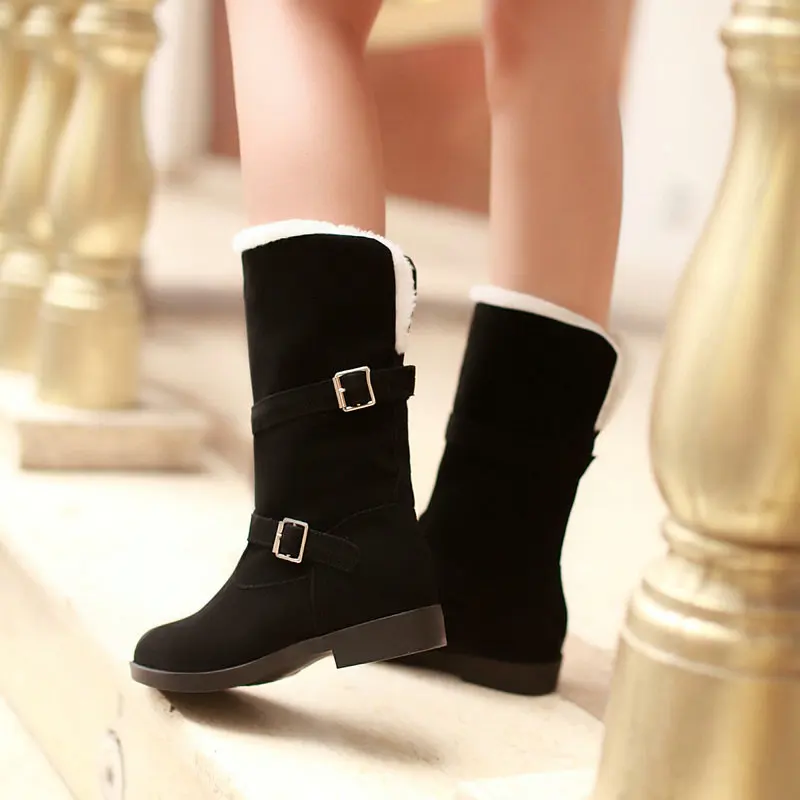 QUTAA Scrub Fashion Round Toe Casual Mid Calf Boots Buckle Comfort Low Heel Winter Warm Fur Orange Women Shoes Size 34-40