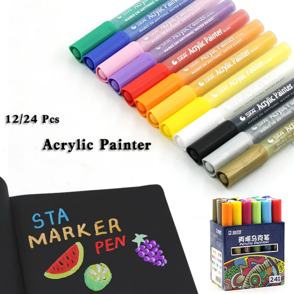 Акриловый маркер 12/24 цветов Набор перманентных ручек для рисования для художников поставщиков
