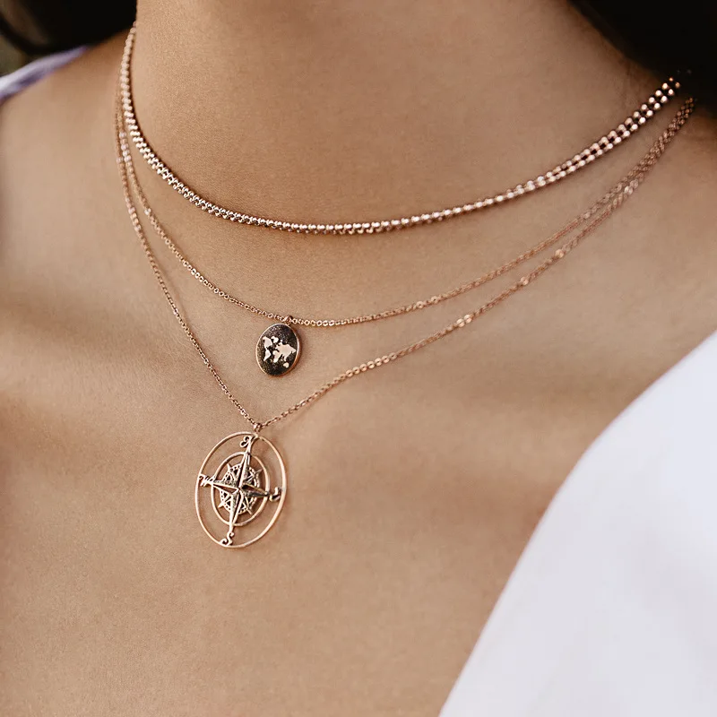 

Bohemian Lady Necklace Compass Map Bead Chain Pendant Multilayer Gold Necklace Set Women Wedding Party Jewelry Accessories