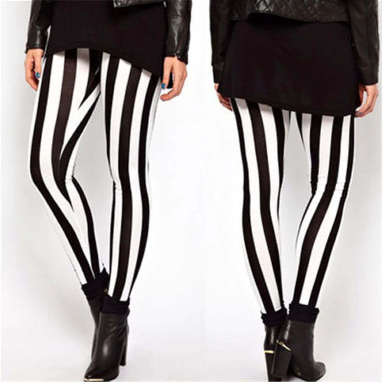 

2018 New Style Fashion Summer Plus Size Women Casual Black White Elastic Stripes Stretch Leggings Long Pants