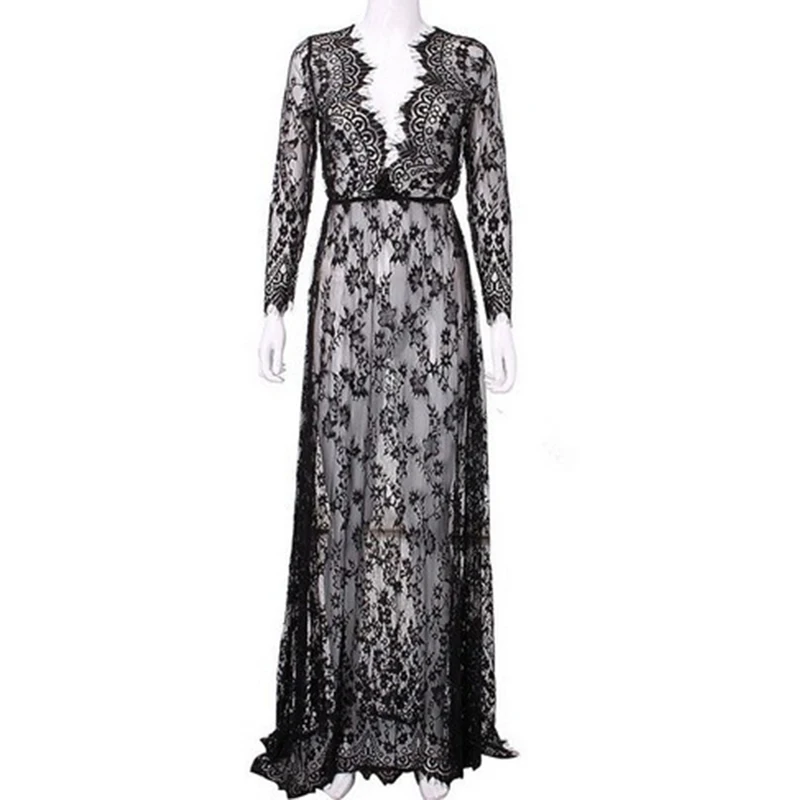 

2017 Europe America lace dress sexy deep long-sleeved vestido perspective tight fitting long dresses clothing vestidos LBD6129